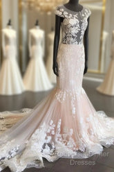 Unique Round Neck Tulle Lace Long Semi Formal Prom Dress, Lace Evening Dress