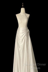 Unique Sheath High Neckline Satin Lace Ivory Wedding Dresses