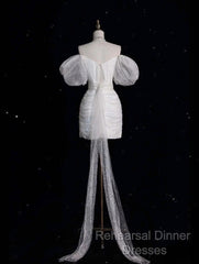 Unique Sheath Off The Shoulder Sequin Short Sleeves White Wedding Dresses Brides Dress