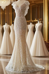 Unique Sheath V Neckline Cap Sleeves Lace Ivory Wedding Dresses