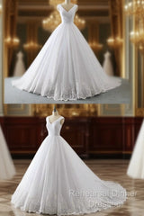 Unique White Lace V Neck Puffy Sweep Train Wedding Dress, Lace Formal Semi Formal Prom Dress