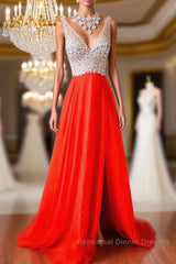 V Neck And V Back Sequins Chiffon Red Semi Formal Prom Dresses, Long Red Formal Dresses, Evening Dresses