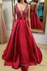 V Neck and V Neck Sequins Burgundy Long Semi Formal Prom Dresses, V Neck Burgundy Formal Graduation Evening Dresses