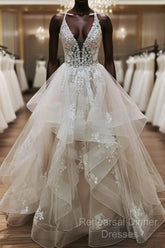 V Neck Backless Light Champagne Lace Wedding Dresses, Open Back Champagne Lace Formal Semi Formal Prom Dresses