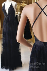 V Neck Black Backless Lace Semi Formal Prom Dresses, Open Back Black Lace Formal Evening Bridesmaid Dresses