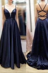 V Neck Black Satin Long Evening Prom Dress, Black V Neck Long Satin Formal Evening Dress