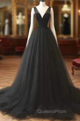 V Neck Black Tulle A Line Evening Prom Dress