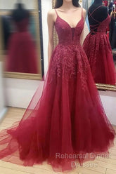 V Neck Burgundy Lace Semi Formal Prom Dresses Long, Wine Red V Neck Lace Long Formal Evening Dresses