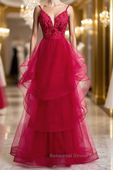 V Neck Burgundy Lace Semi Formal Prom Dresses, Wine Red Lace Formal Evening Graduation Dresses