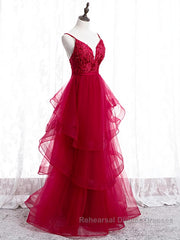 V Neck Burgundy Lace Semi Formal Prom Dresses, Wine Red Lace Formal Evening Graduation Dresses