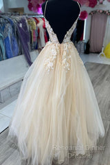 V Neck Champagne Tulle Lace Wedding Dresses, Champagne Tulle Lace Formal Semi Formal Prom Dresses