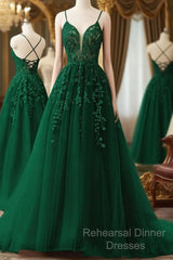V Neck Dark Green Lace Long Semi Formal Prom Dresses, V Neck Dark Green Lace Long Formal Evening Dresses
