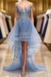 V Neck High Low Blue Lace Semi Formal Prom Dresses, Blue Lace High Low Formal Evening Graduation Dresses