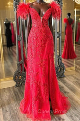 V Neck Mermaid Off Shoulder Red Lace Long Evening Prom Dress, Mermaid Red Formal Dress, Red Lace Evening Dress