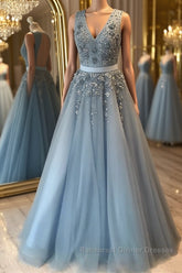 V Neck Open Back Beaded Blue Long Semi Formal Prom Dresses with 3D Flowers, Open Back Blue Formal Graduation Evening Dresses