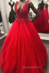 V Neck Open Back Beading Red Long Evening Prom Dress with 3D Flower, V Neck Red Formal Dress, Red Evening Dress