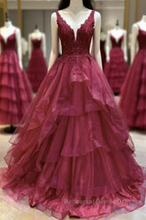 V Neck Open Back Burgundy Lace Long Semi Formal Prom Dresses, Burgundy Lace Formal Evening Dresses, Burgundy Ball Gown