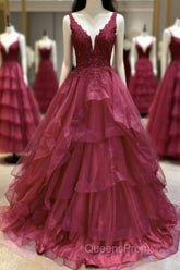 V Neck Open Back Burgundy Lace Long Evening Prom Dress, Burgundy Lace Formal Evening Dress, Burgundy Ball Gown