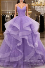 V Neck Open Back Fluffy Purple Tulle Long Semi Formal Prom Dress