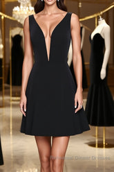 V Neck Open Back Short Black Semi Formal Prom Dresses, V Neck Black Homecoming Dresses, Black Formal Evening Dresses