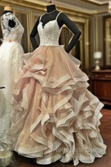 V Neck Organza Ruffles Champagne Wedding Dresses Ball Gown Ivory Lace Appliques