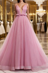 V Neck Pink Tulle Semi Formal Prom Dresses with Train, Pink Long Formal Evening Graduation Dresses