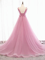 V Neck Pink Tulle Semi Formal Prom Dresses with Train, Pink Long Formal Evening Graduation Dresses