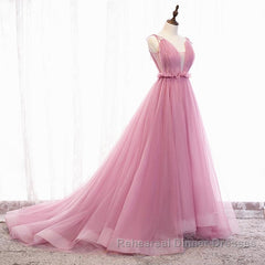 V Neck Pink Tulle Semi Formal Prom Dresses with Train, Pink Long Formal Evening Graduation Dresses