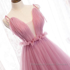 V Neck Pink Tulle Semi Formal Prom Dresses with Train, Pink Long Formal Evening Graduation Dresses