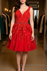 V Neck Short Red Lace Semi Formal Prom Dresses with Beadings, Short Red Lace Formal Graduation Homecoming Dresses