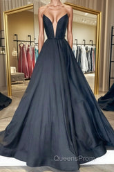 V Neck Strapless Black Satin Long Evening Prom Dress, Strapless Black Formal Dress, Long Black Evening Dress