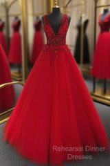 V-Neck Tulle Long Semi Formal Prom Dress With Appliques And Beading,Semi Formal Prom Dresses,Pageant Dress