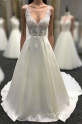 V neck White A line Lace appliques Princess Wedding Dress