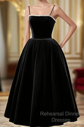 Velvet Tea Length Pearls Straps Formal Dress, Velvet Wedding Party Dress
