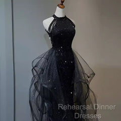 Vintage A Line Halter Black Party Dresses Sequin Semi Formal Prom Dresses