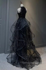 Vintage A Line Halter Black Party Dresses Sequin Semi Formal Prom Dresses