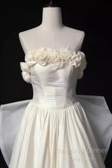 Vintage A Line Strapless Satin White Long Wedding Dresses Brides Dress