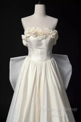Vintage A Line Strapless Satin White Long Wedding Dresses Brides Dress