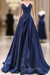 Vintage A-Line V Neck Satin Dark Blue Long Evening Prom Dress, Blue Long Formal Dress