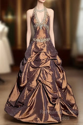 Vintage Ball Gown Halter Brown Sleeveless Long Semi Formal Prom Gown Fairy Semi Formal Prom Dresses