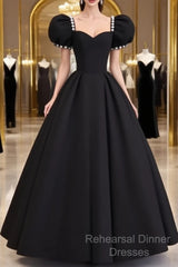Vintage Ball Gown Sweetheart Satin Black Long Semi Formal Prom Dress Formal Dresses