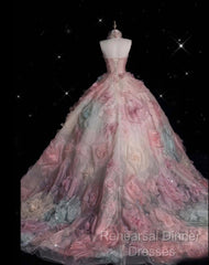 Vintage Fashion Ball Gown Strapless Pink Floral Floor Length Evening Dress Semi Formal Prom Dresses