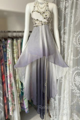 Vintage Fashion High Low Halter Ombre Gray Chiffon Evening Dress Semi Formal Prom Dresses