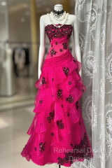Vintage Fashion Mermaid Strapless Hot Pink Floor Length Evening Dress Semi Formal Prom Dresses
