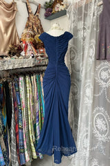 Vintage Fashion Mermaid V Neckline Navy Blue Floor Length Evening Dress Semi Formal Prom Dresses