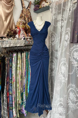 Vintage Fashion Mermaid V Neckline Navy Blue Floor Length Evening Dress Semi Formal Prom Dresses