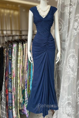 Vintage Fashion Mermaid V Neckline Navy Blue Floor Length Evening Dress Semi Formal Prom Dresses