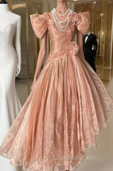 Vintage High Low Short Sleeves Flowers Evening Dress Evening Prom Dress