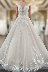 Vintage Long A-line Jewel Tulle Ruffles Wedding Dresses with Lace Appliques