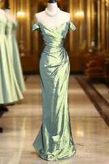 Vintage Mermaid Off The Shoulder Green Long Semi Formal Prom Gown Fairy Semi Formal Prom Dresses